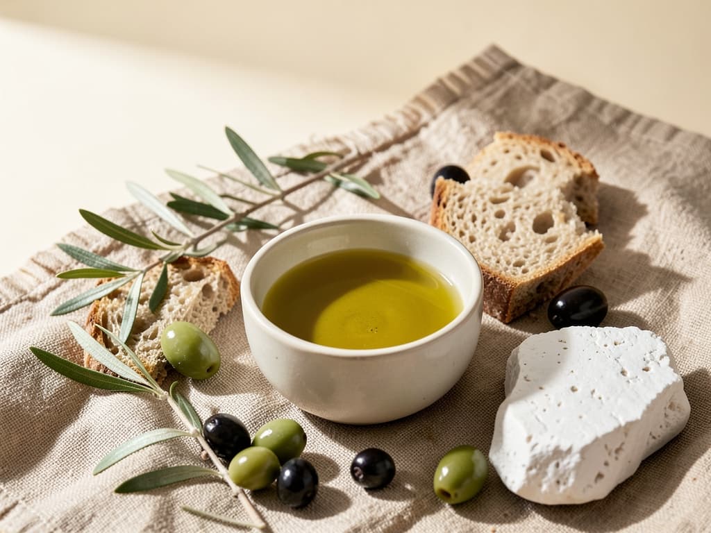 Huile d’olive, olives et pain sur une table aux matières naturelles.